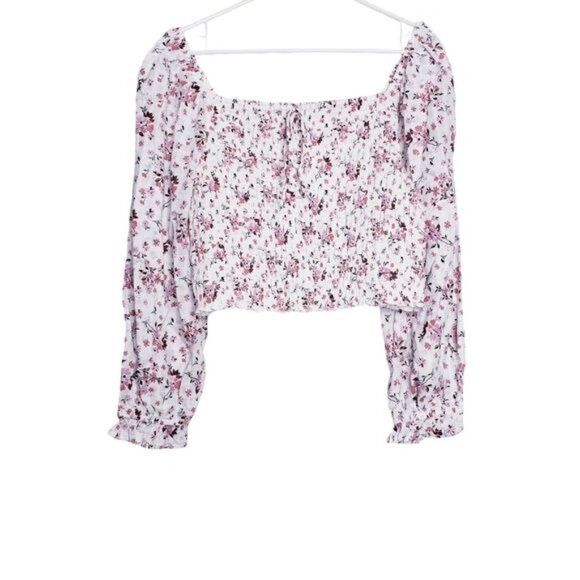 American Eagle White & Pink Floral Smocked Crop Bodice Blouse Top Womens Size XL - Picture 2 of 9